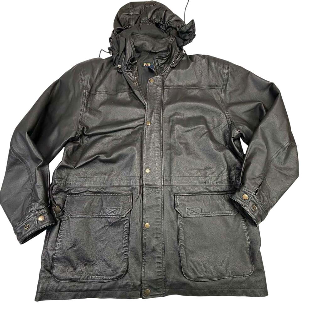 R&R Casuals Men's Black Leather Parka Jacket with Detachable Hood